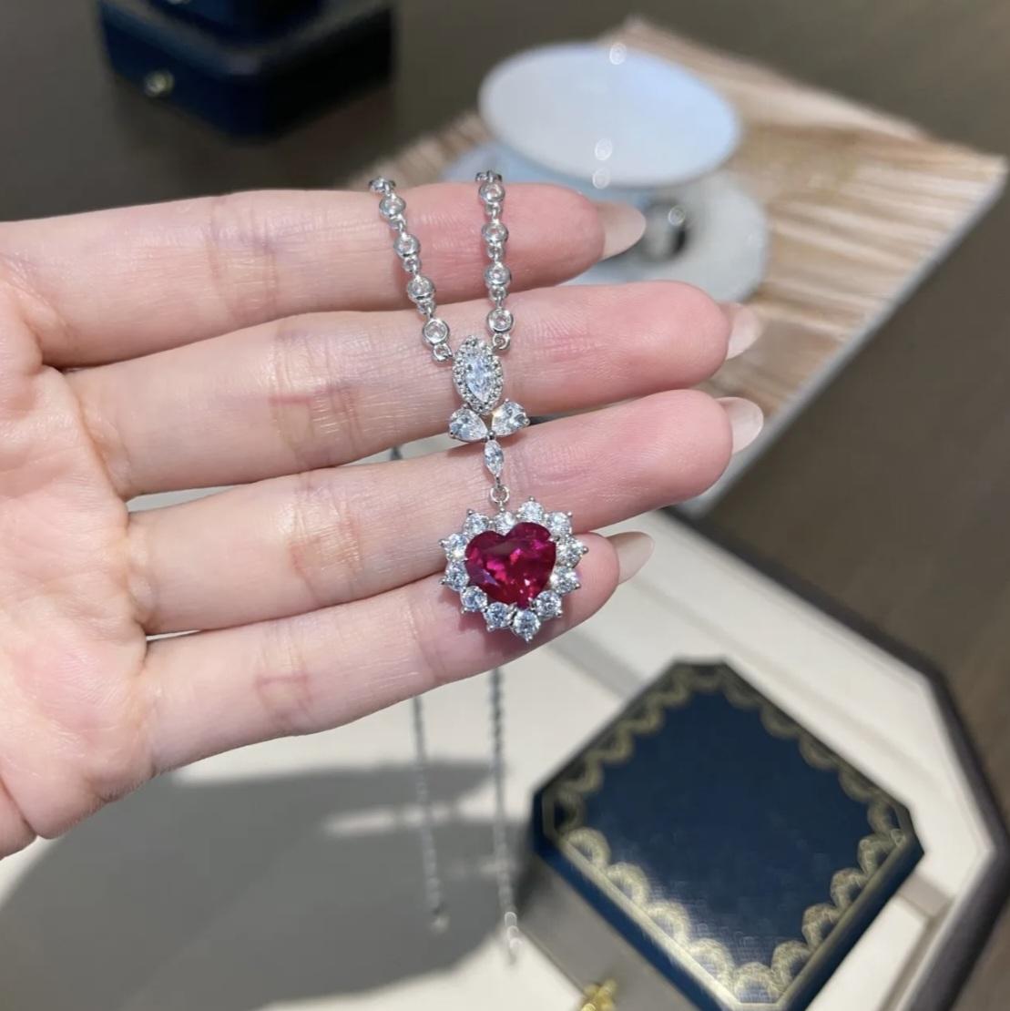 Heart-Shaped Pigeon Blood Red 3ct Gemstone Necklace, Lab-Grown Diamonds, S925 Sterling Silver, Romantic Jewelry, Elegant Valentine's Day Gift for Her