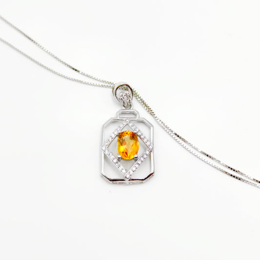 Geometric Natural Citrine Pandent Necklace, S925 Sterling Silver, Yellow Crystal, Elegant November Birthstone Jewelry