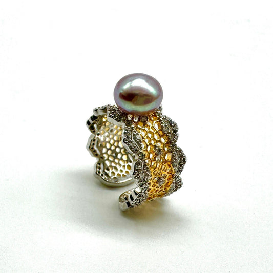 Lace Ring with Black-Purple or Pink Pearl - Delicate Gold & Silver Metal Band, Elegant Vintage-Inspired Jewelry for Women