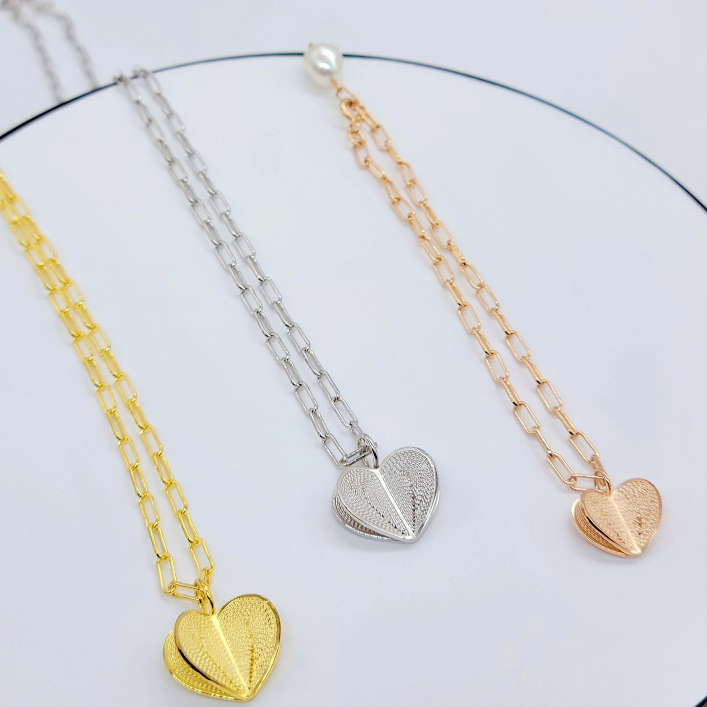 Soul Heart Jewelry Set Necklace & Bracelet with Pearl, 14K Gold-Plated & Rose Gold-Plated Sterling Silver (S925), Elegant Filigree Heart Design